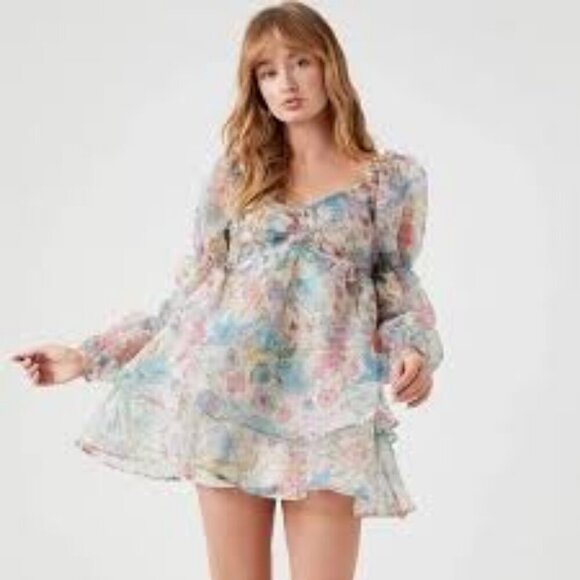 Forever 21 Size S Organza Puff Sleeve Babydoll Mini Dress, Exc. Used Condition - Picture 1 of 16